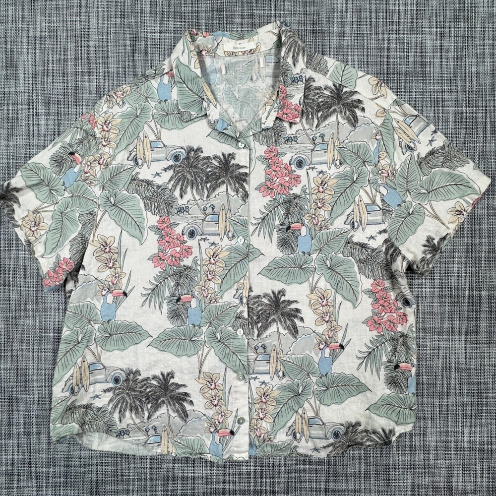 Womens Approx M Linen Shirt Tropical Toucan Surf Wagon Short Sleeve Button Up